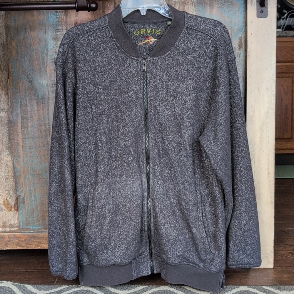 Orvis Heathered Dark Gray Bomber Jacket Full Zip Sweater - Men's Medium